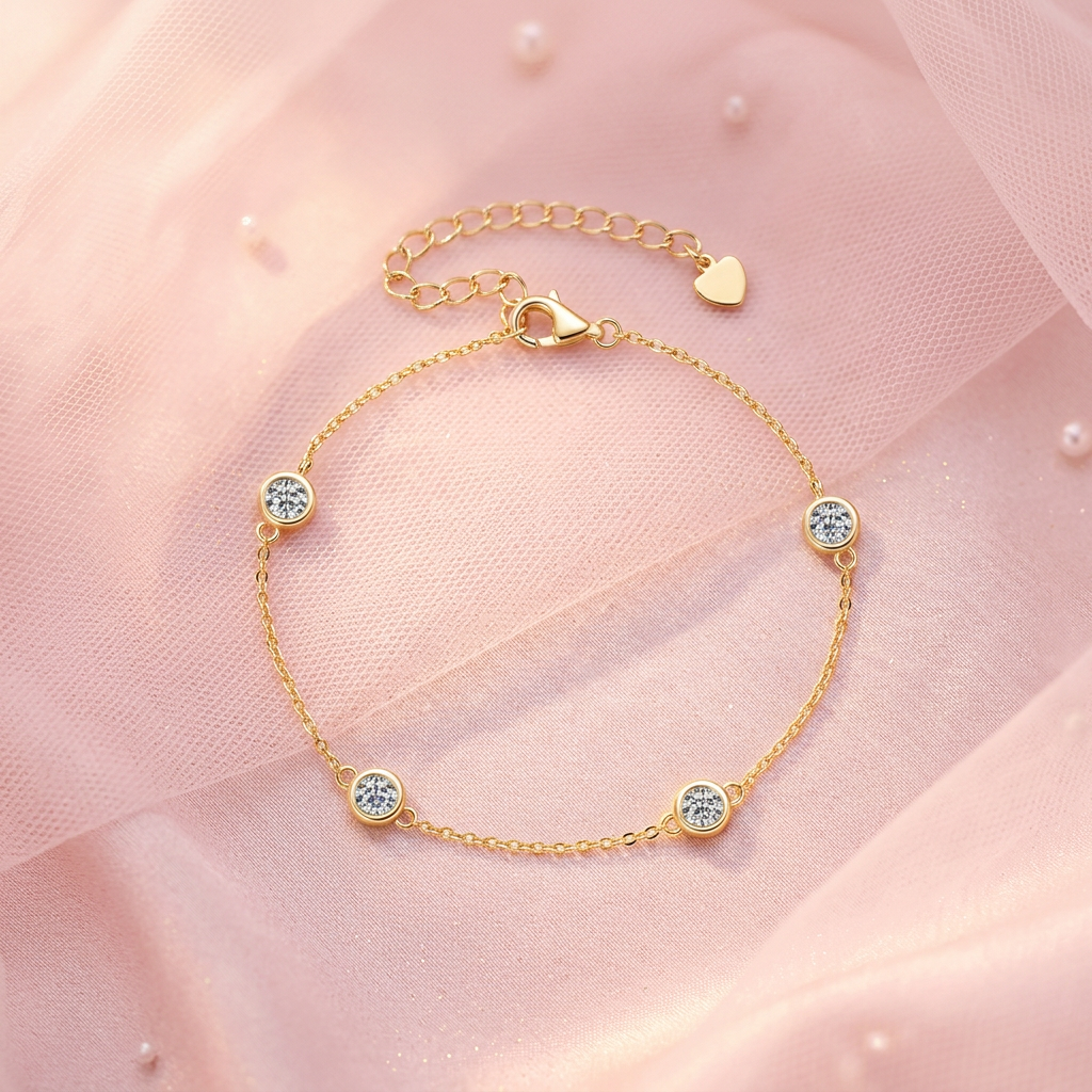 Sparkling Moissanite Bezel Station Chain Bracelet – 925 Sterling Silver Dainty Adjustable Heart Charm Wristlet
